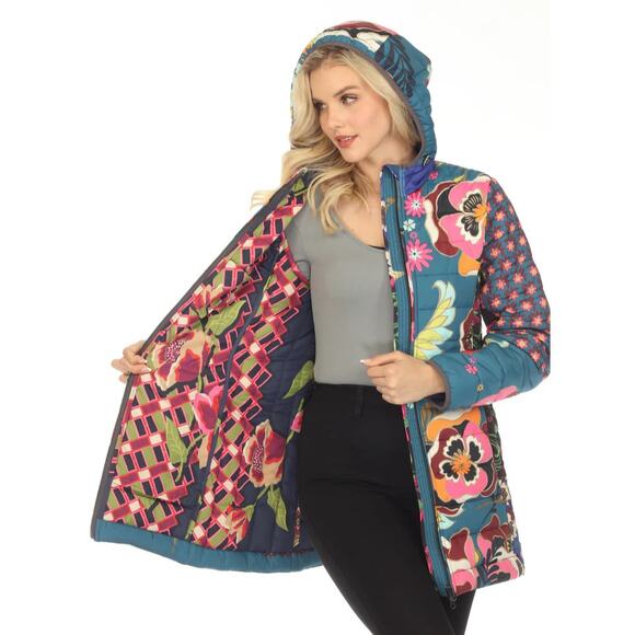 Johnny Was Hazel Multi Mixed Print Zip Front Hooded Puffer Jacket Womens XXL - Picture 1 of 6